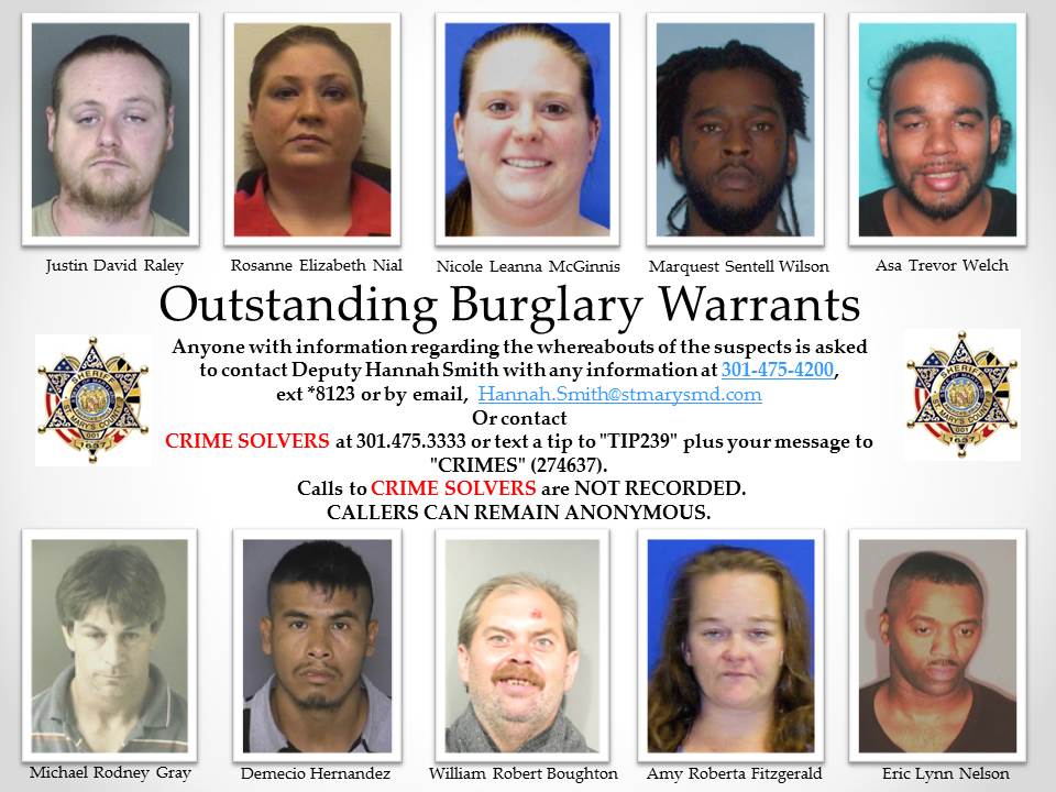Outstanding Burglary Warrants for St. Mary’s County Southern Maryland