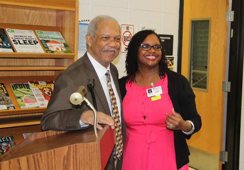 Theodore G. Davis Middle School Principal Kim McClarin, right, poses for a photo with Rev. Reginald Green, a Freedom Rider in the 1960s during the civil rights movement. Green visited the school on Feb. 24 to speak to a group of social studies students about his experiences as a Freedom Rider. 