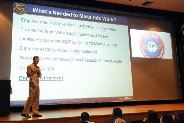 Navy Vice Adm. Paul Grosklags addresses the program management workforce at the AIR-1.0 All-Hands April 6 at Naval Air Station Patuxent River. (U.S. Navy photo)