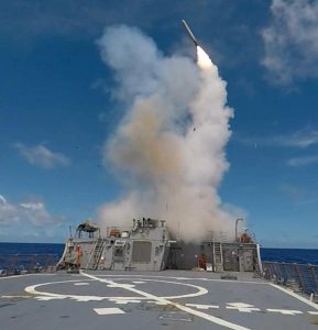 A Tomahawk Land Attack Missile is launched from an Arleigh Burke-class destroyer. Ships, including Arleigh Burke class-destroyers, and nuclear powered cruise missile submarines will receive Tactical Tomahawk Weapons Control System (TTWCS) hardware and software upgrades. (U.S. Navy photo)