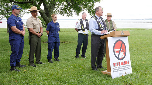 Secretary Mark Belton speaking on boating and water safety at a press conference at Sandy Point State Park.