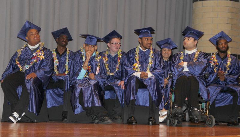 Charles County Public Schools honored eight student graduates of the Adult Independence Program, known as AIP, in a ceremony held May 19 at North Point High School. The program provides job and career training for students ages 18 to 21. Celebrated in the ceremony on May 19, from left, were Nathaniel Gilchrist, D’Armae Griffin, Dennis Weeden, Jr., Brandon Garner, Michael Proctor, Mariah Viray, Thomas McKenzie and Devonte Smith.