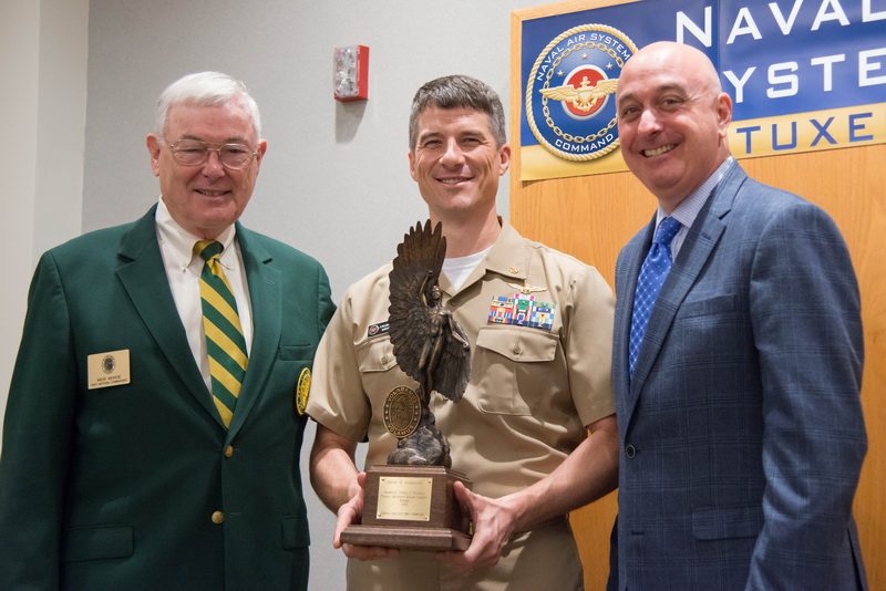 Retired Lt. Gen .Nick Kehoe from the Order of Daedalians (left), Lt. Cmdr. P. Elliott Porter Jr., Naval Air Systems Command aviation safety director (center), and Stephen Cricchi, NAVAIR assistant commander for Corporate Operations and Total Force (right) pose with the 2016 Adm. James S. Russell Naval Aviation Flight Safety Award. Cricchi accepted the award June 15 on behalf of NAVAIR Commander Vice Adm. Paul Grosklags. The Order of Daedalians presented the award in recognition of NAVAIR's exceptional safety record. (U.S. Navy photo)