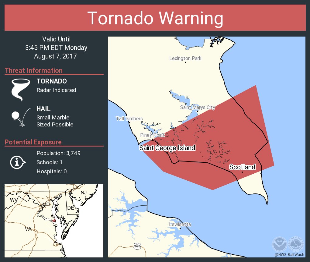 National Weather Service has Issued a Tornado Warning for Parts of Southern St. Mary's County