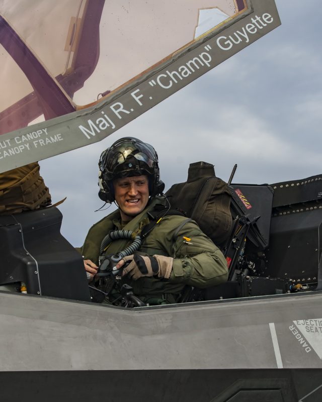 Maj. Robert Guyette, F-35 Pax River Integrated Test Force test pilot, during a developmental test at sea November 2016. Guyette was named Marine Corps Aviation Association John H. Glenn Squadron Test Pilot of the Year for 2017. Photo courtesy of Lockheed Martin