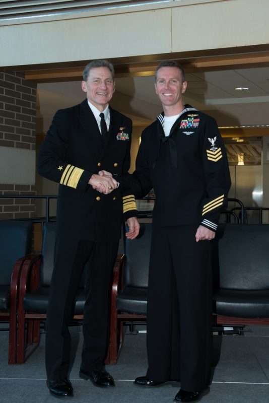 Vice Adm. Paul Grosklags, NAVAIR commander, (left) stands next to Petty Officer 1st Class Michael A. Giraud, (right) NAVAIR’s 2017 Sailor of the Year. (U.S. Navy photo)