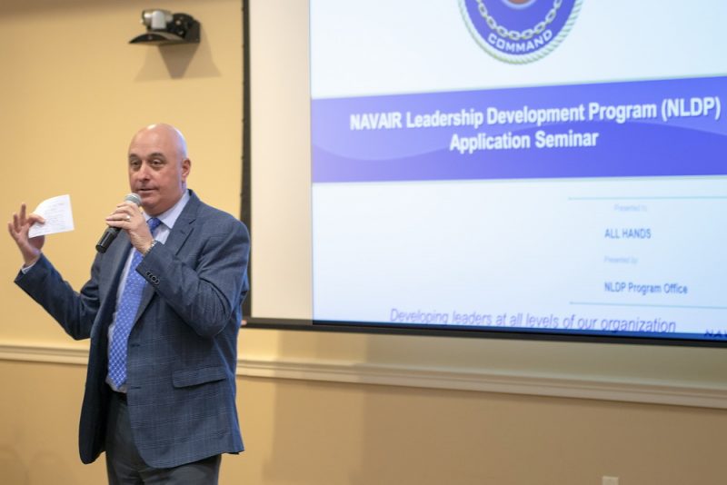 “NLDP [NAVAIR Leadership Development Program] expects you to be selfish about your personal development. You can fit it into a very busy professional life, and it’s important that you do,” advised Steve Cricchi, assistant commander for corporate operations and total force, at an NLDP application seminar April 24 in Patuxent River, Md. The program develops high potential military and civilian NAVAIR employees by broadening their leadership, management, organizational knowledge and worldview. (U.S. Navy photo)