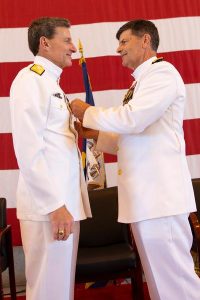 Vice Chief of Naval Operations Adm. Bill Moran presents Vice Adm. Paul Grosklags with the Distinguished Service Medal during the Naval Air Systems Command change of command May 31. (U.S. Navy photo)