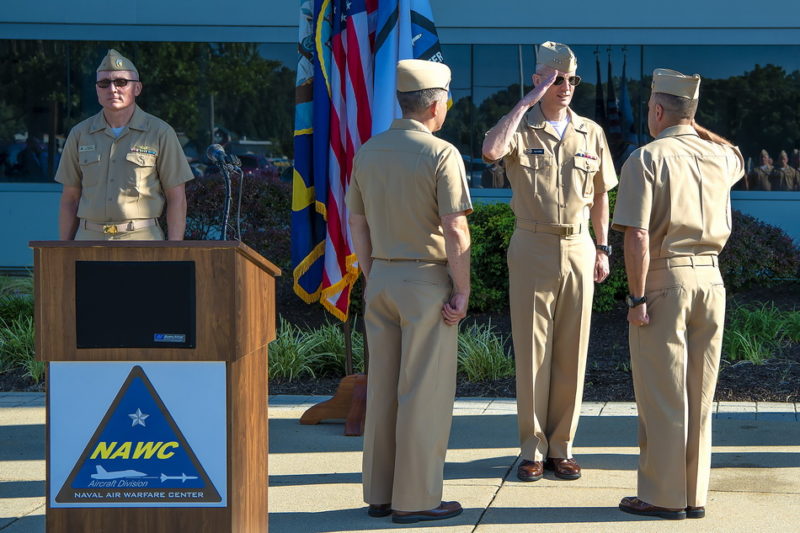 Vice Adm. G. Dean Peters presides the change of command ceremony during which Rear Adm. John S. Lemmon assumed leadership of Naval Air Warfare Center Aircraft Division from Rear Adm. Shane G. Gahagan at Patuxent River, Md. on Wednesday, September 5, 2018.