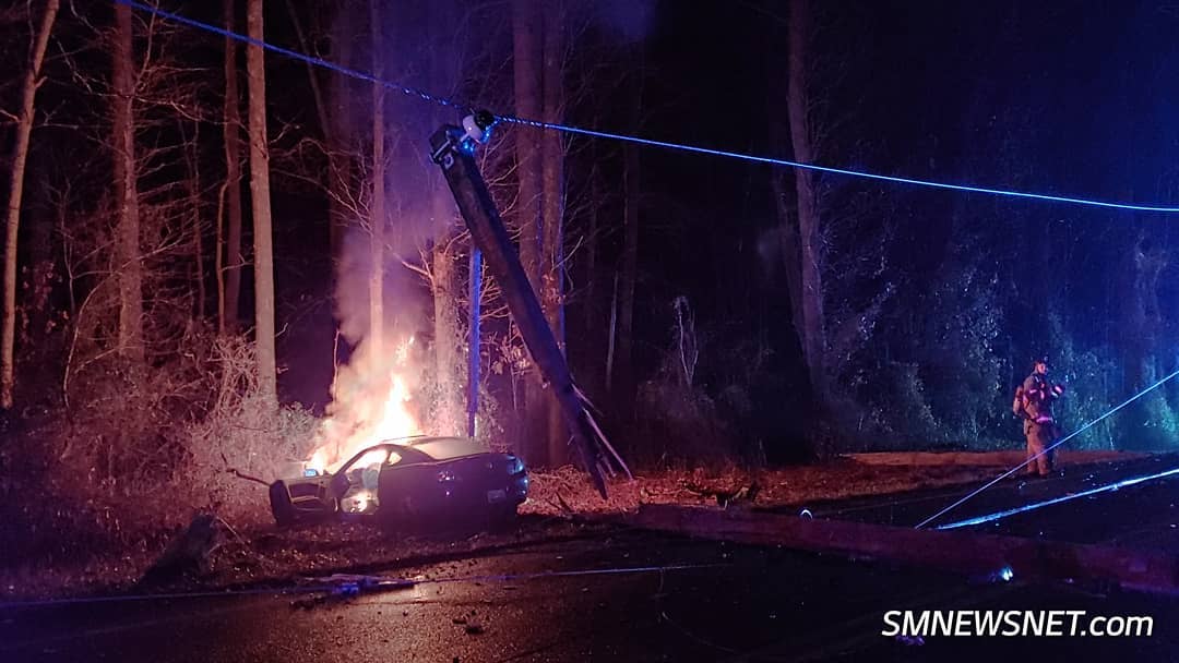 VIDEO Vehicle Strikes Pole & Catches on Fire in Early Morning Great Mills Car Crash Southern