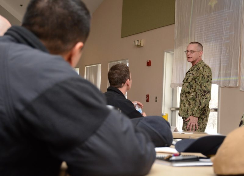 Command Master Chief Steven Hendricks, U.S. Fleet Forces Training Team member, addresses chief petty officers on principles of leadership during Fleet Forces Training at NAS Patuxent River Feb. 5. Conducted over two days by U.S. Fleet Forces Command, the training focused on leadership responsibilities, key Navy programs, team building, leader development and war fighting and was given to chiefs and first class petty officers. (U.S. Navy photo by Patrick Gordon)