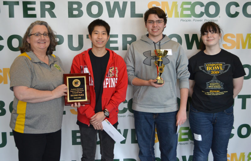 Second-place team: Great Mills High School, St. Mary’s County From left, coach Nora Blasko, Nicholas Zhou, Finnegan O’Neill, and Zoe Coughlan. Not shown is team member Sam Wilson.