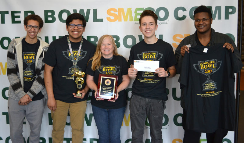 Third-place team: North Point High School, Charles County From left, Caleb Griffith, Christian Parrales, coach Melody Stahl, Matteo Marchi, and Erik Henson.