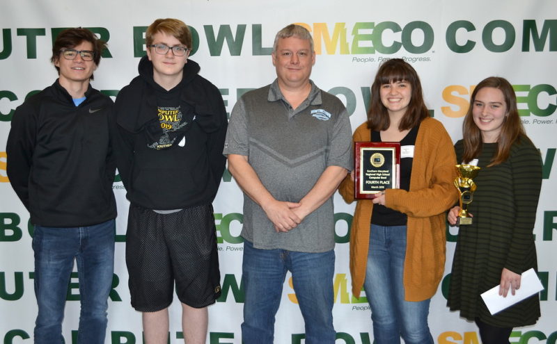 Fourth-place team: Huntingtown High School, Calvert County From left, Evan Fee, Kenny Cullum, coach Tom Currier, Arin Crow, and Margaret Foulkes.