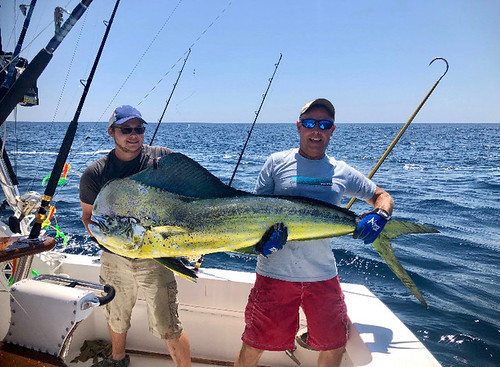 Jeff Wright (right) of Cambridge caught this 72.8-pound common dolphinfish off the coast of Ocean City.