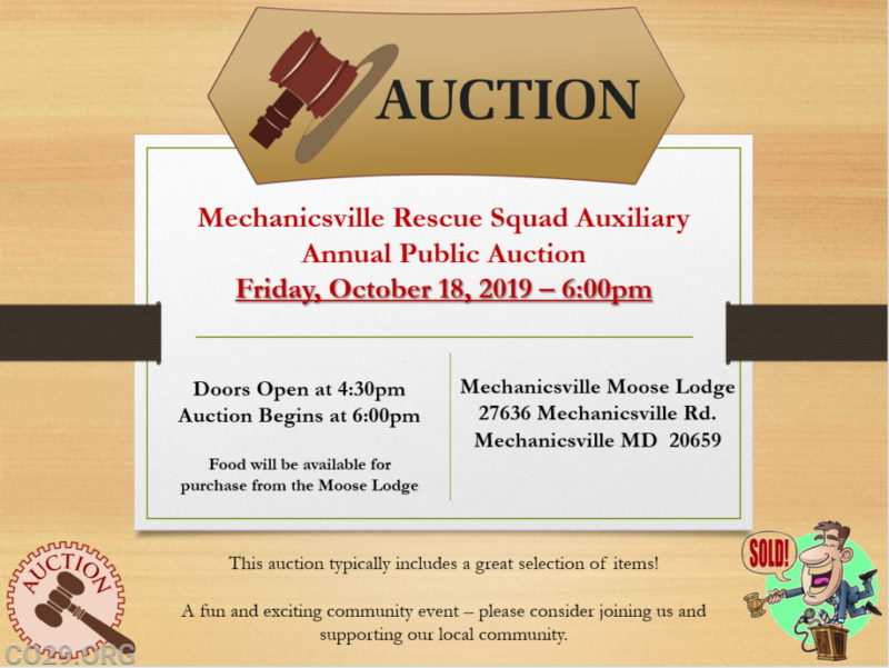 Mechanicsville Volunteer Rescue Squad Auxiliary Annual Public Auction on Friday, October 18, 2019