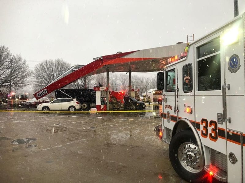 Dump Truck Causes Partial Structure Collapse After Striking Gas Station