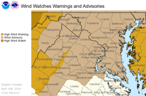 Southern Maryland Under High Wind Warning Until Monday, April 13, 2020, Along with Maryland Urging Citizens Not to Burn due to Hazards and Wind