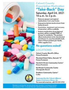 Calvert County Prescription Drug “Take-Back” Day on Saturday, April 24, 2021