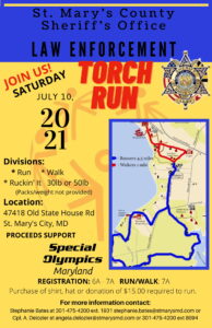 Law Enforcement Special Olympics Torch Run Returns to St. Mary’s City on July 10, 2021