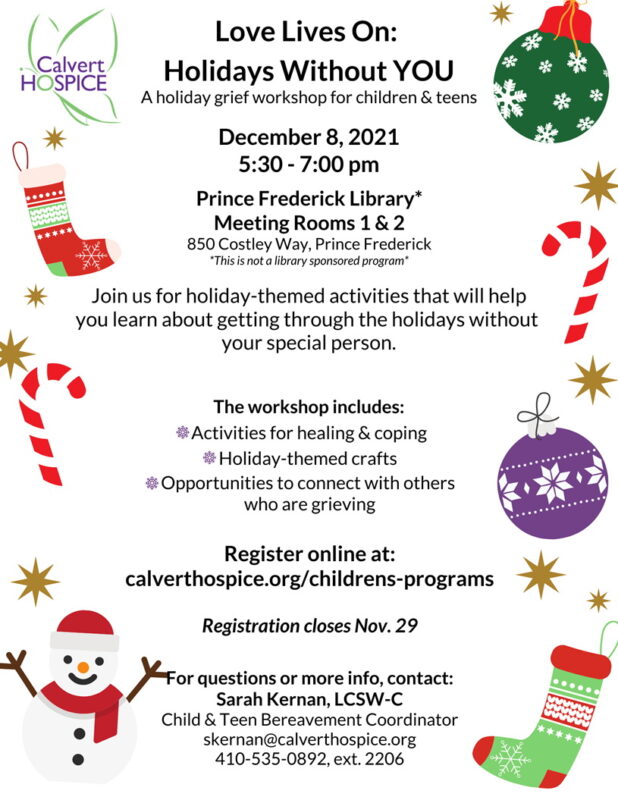 Calvert Hospice Announces Grief Workshop for Adults and Children on December 4, and December 8, 2021