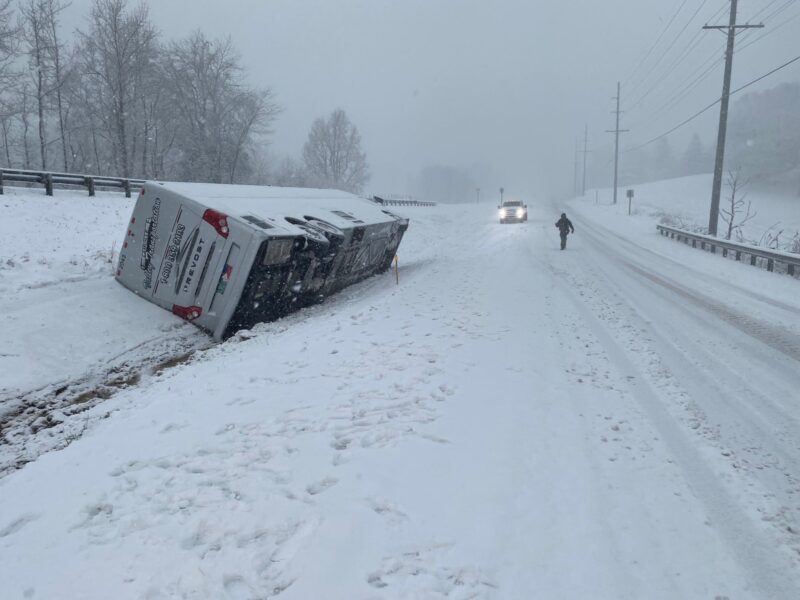No Injuries Reported After Commercial Bus Overturns in Calvert County During Snow Storm