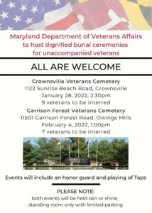 Maryland Department of Veterans Affairs to Hold Dignified Burial Ceremonies for Unaccompanied Veterans