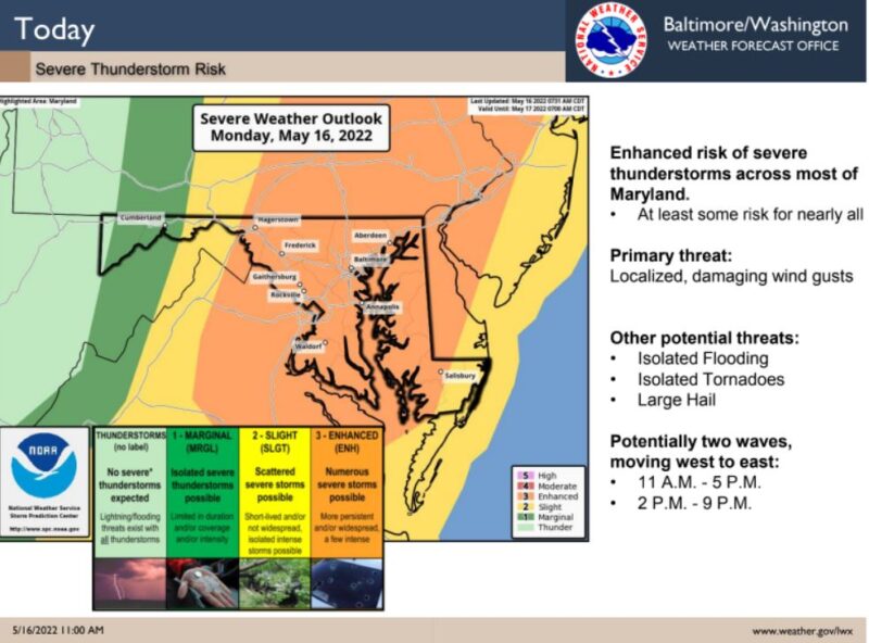 Southern Maryland Under Severe Weather Warnings for Monday, May 16, and Tuesday, May 17, 2022