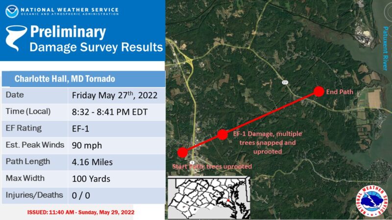 National Weather Service Confirms EF-1 Tornado Travelled Through St. Mary’s and Charles County on Friday, May 27, 2022