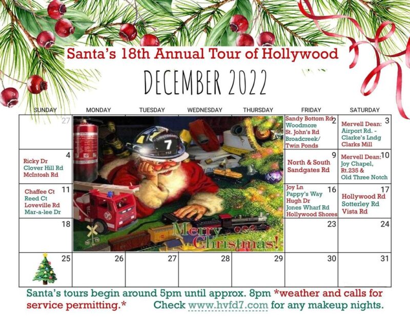 Hollywood Volunteer Fire Department Announces Santa’s 18th Annual Tour of Hollywood!