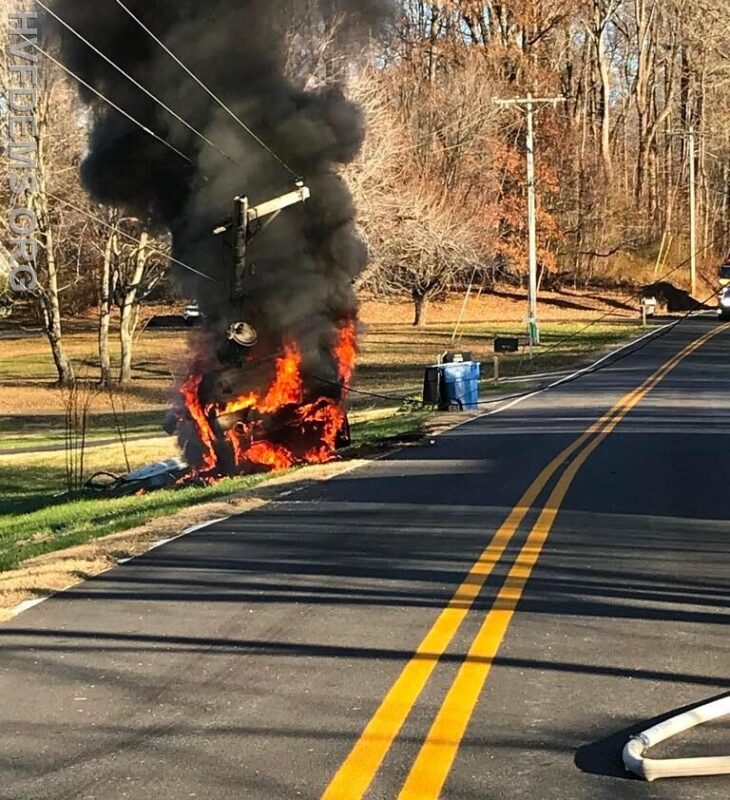 No Injuries Reported After Single Vehicle Collides with Utility Pole and Catches Fire in Hughesville