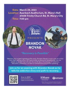 Brandon Novak “Recovery is Possible” Speaking Event for St. Mary’s County on Wednesday, March 29, 2023