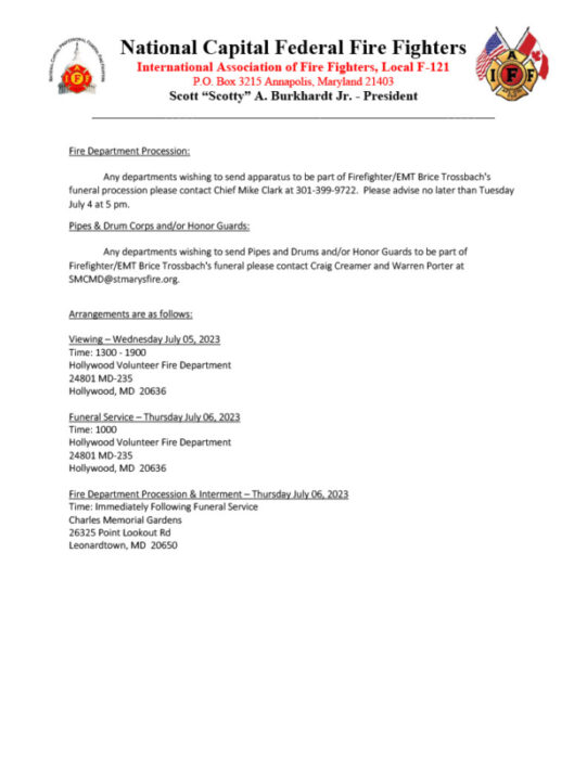 Funeral and Services Schedule for Fallen Firefighter Brice Trossbach Southern Maryland News