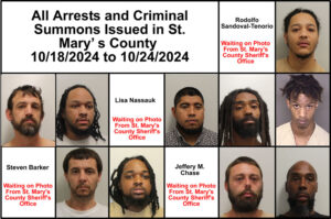 All Arrests and Criminal Summons Issued in St. Mary’s County 10/18/2024 to 10/24/2024