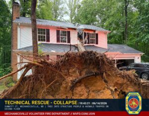 No Injuries Reported After Large Tree Falls Into Mechanicsville Home; Briefly Trapping Occupants and Pets