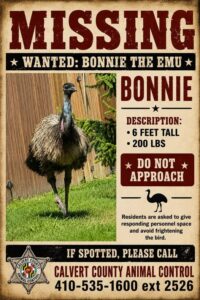 MISSING: Bonnie The Emu Is On The Run in Calvert County